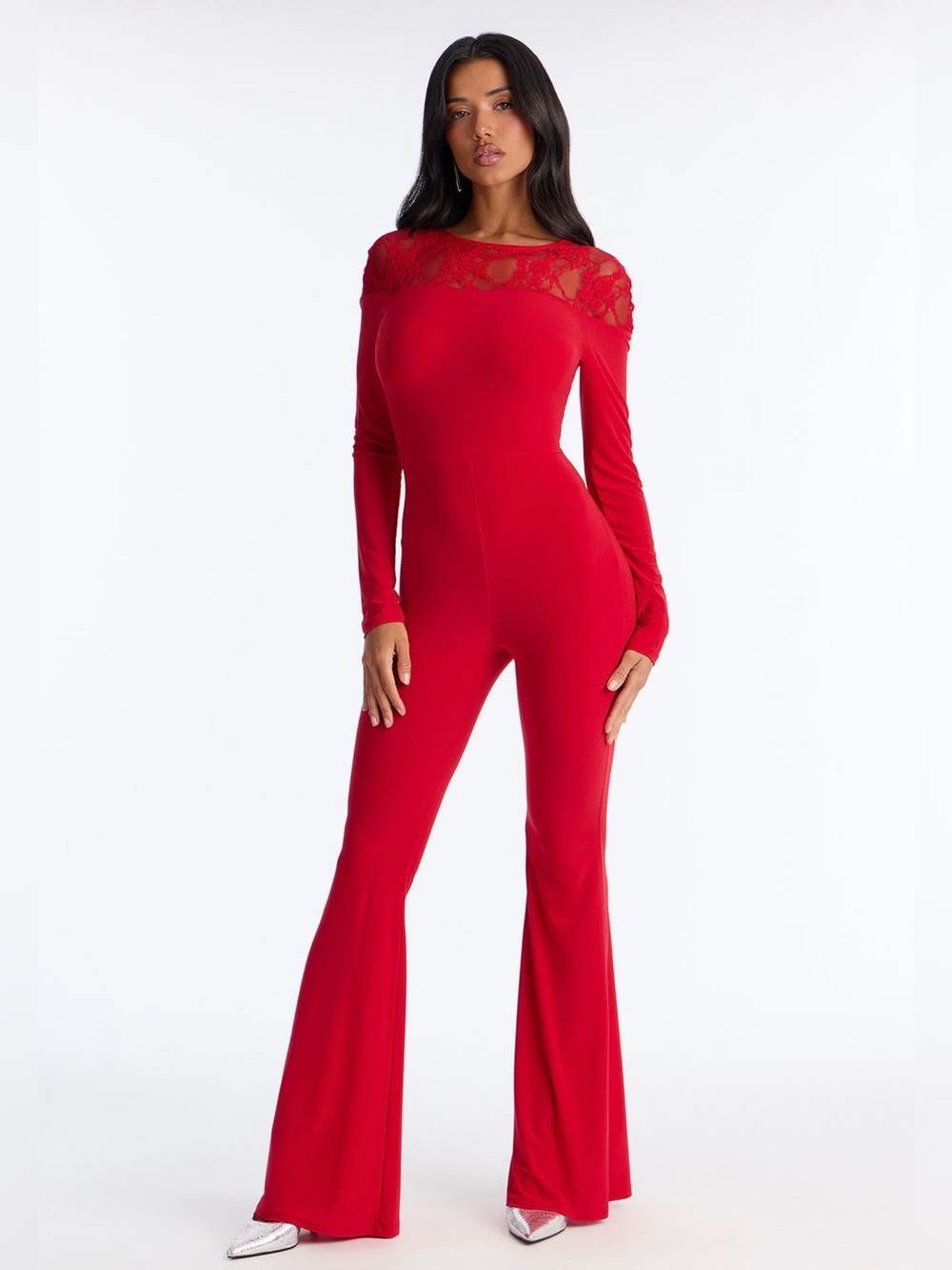 Fashion Nova Red Lace Yoke Long-Sleeve Flared Jumpsuit